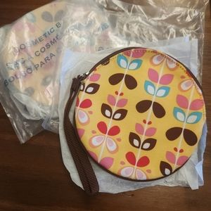 Set Of 2 NEW multicolored Bag Makeup Case 6” Round Zip-Close Wristlet Strap